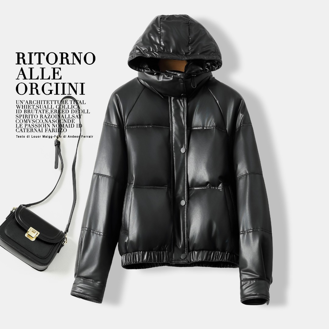  24绵羊皮冬季皮衣短款女连帽可拆卸白鹅绒宽松加厚保暖