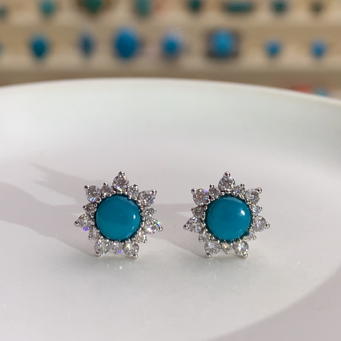 银S925镶嵌绿松石玉化蓝雪花耳钉