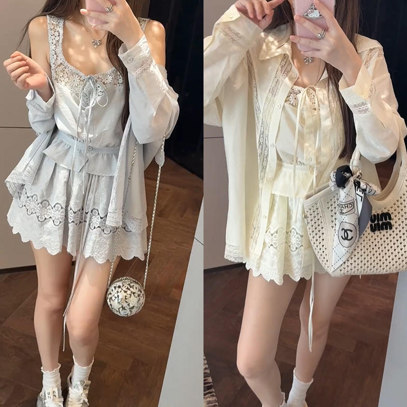 【mimius】婷 定位重工绣花水溶蕾丝衬衫+吊带+裙裤（松紧腰）G06297