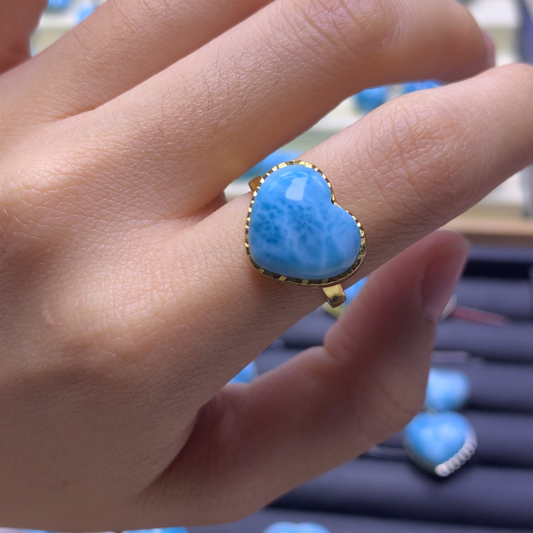 针钠钙石（海纹石）银S925镶嵌戒指爱心戒指色差略异