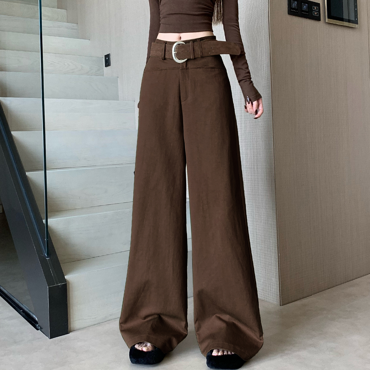 【送腰带】老钱风高级感阔腿西装裤女秋季百搭高腰显瘦拖地休闲长裤