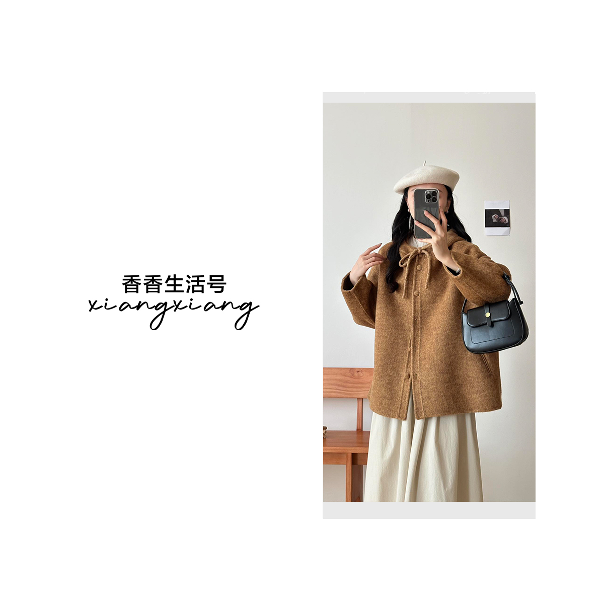 2025春装连帽双面羊毛大衣女韩范蝴蝶结减龄短款宽松外套女F035