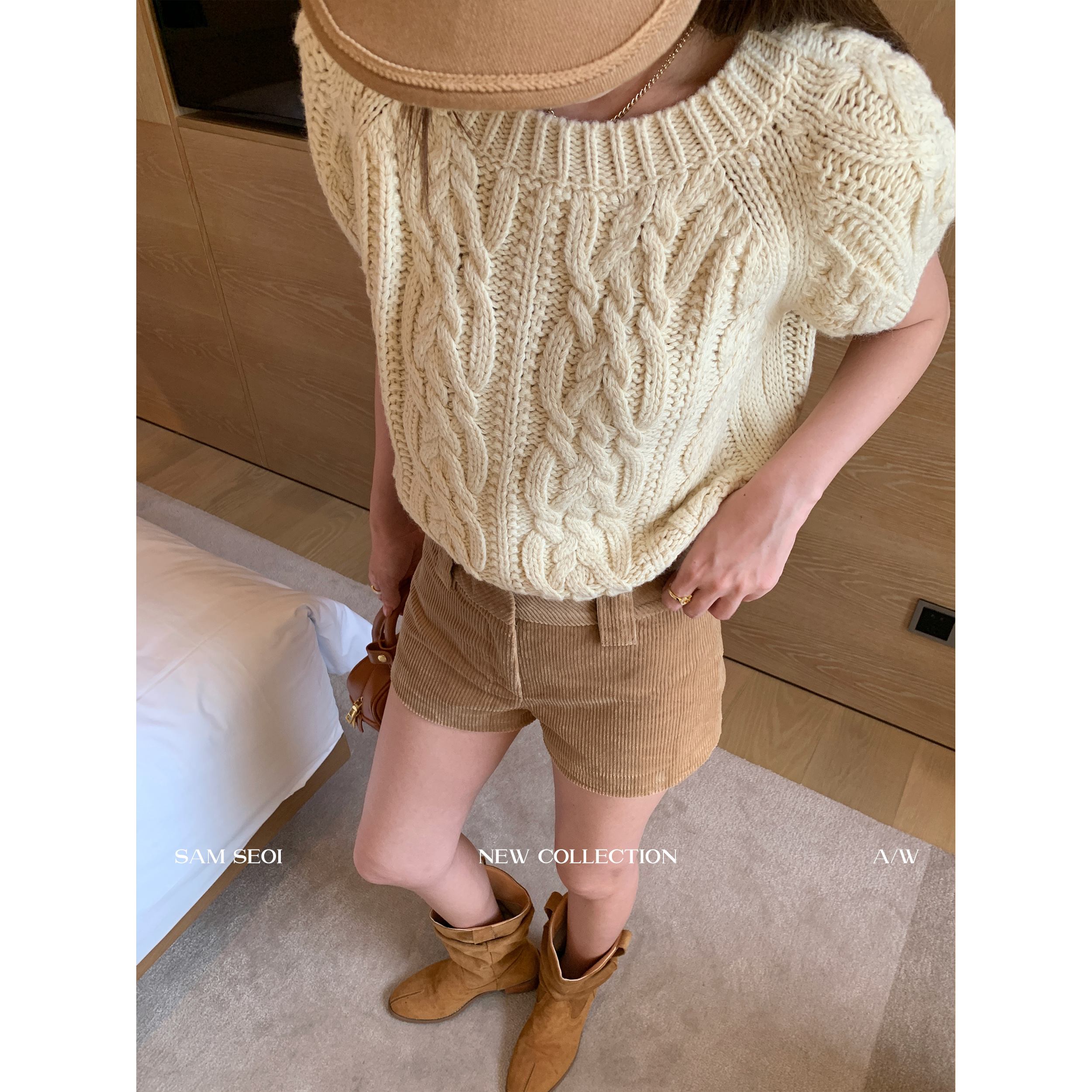 Sam Seoi大樊 高腰灯芯绒短裤女秋新款卡其色裤子显瘦休闲热裤子