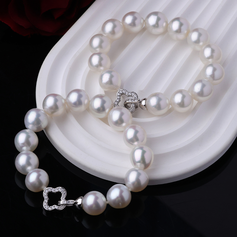 天然海水澳白珍珠手链12-13mmS925银镶四叶草幸运手串多样性发一