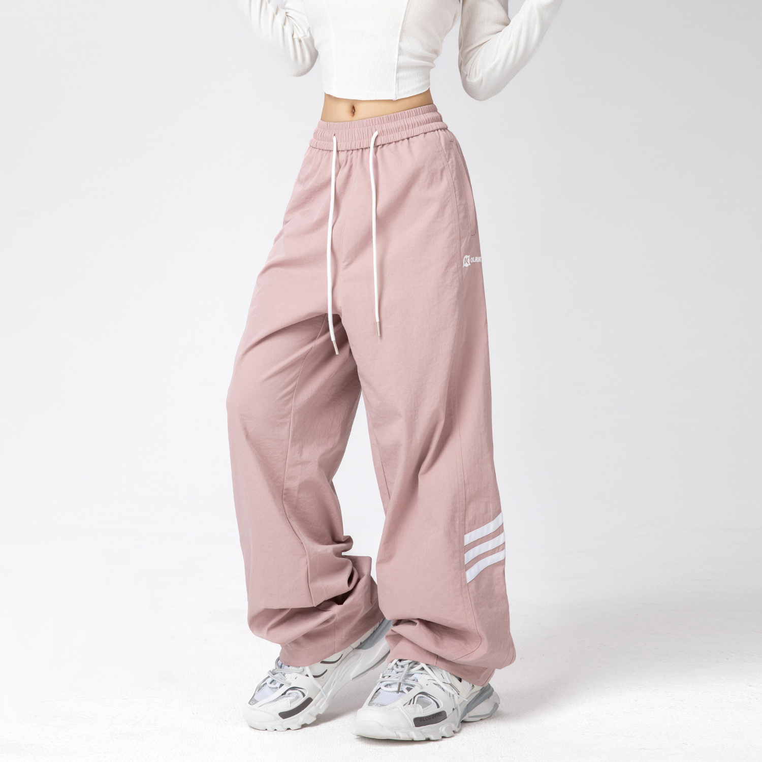 OLRIK字母Logo印花拼接撞色直筒宽松拖地休闲裤3207