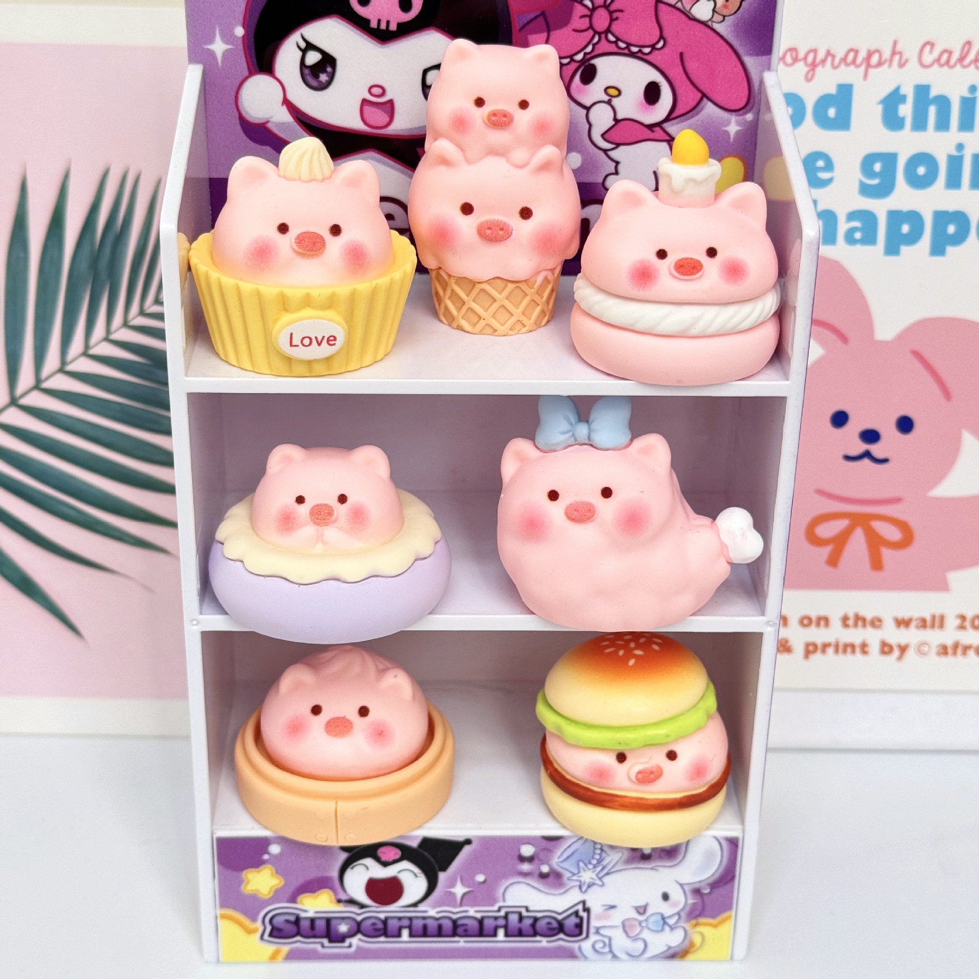 【双许愿+九宫格】下午茶粉猪实色树脂可爱创意家居摆件车载饰品