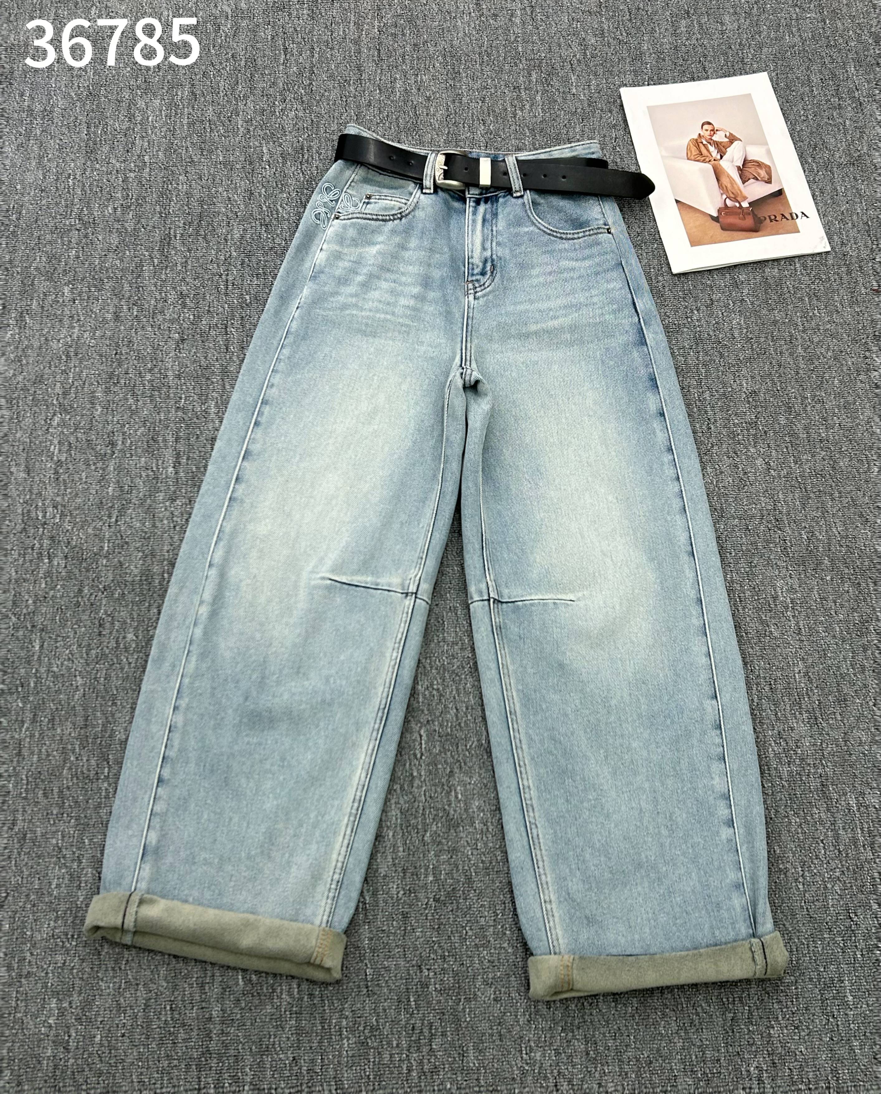 36785 休闲风宽松款长裤牛仔裤中腰老爹裤口袋蓝色