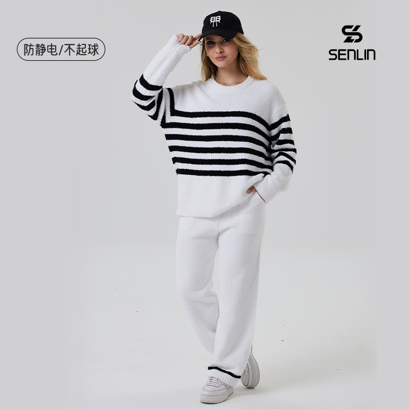 家居服套装睡衣居家宽松保暖女秋冬季可外穿单边绒黑白简约条纹