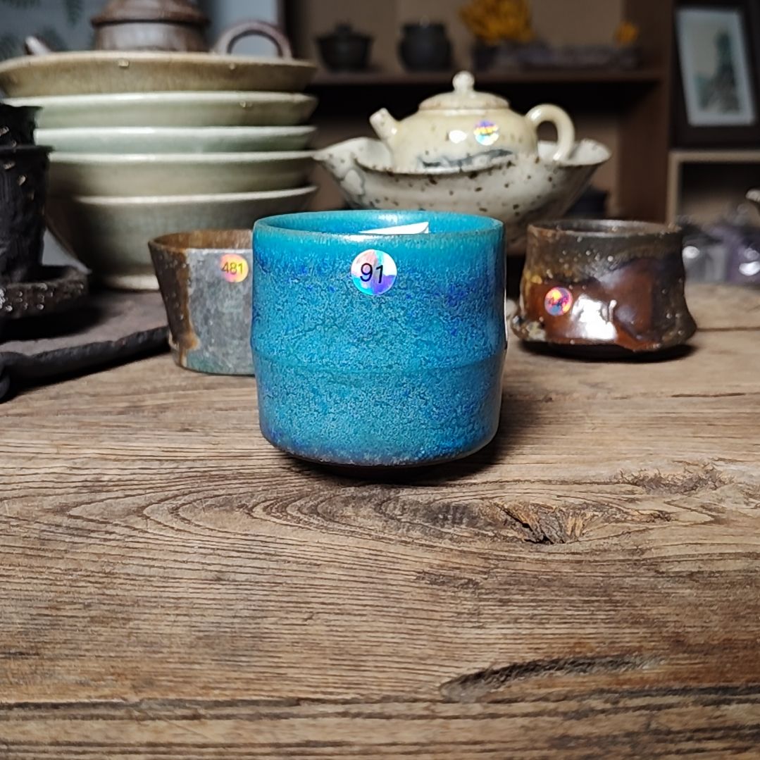 091孔雀蓝志野竹节杯杯