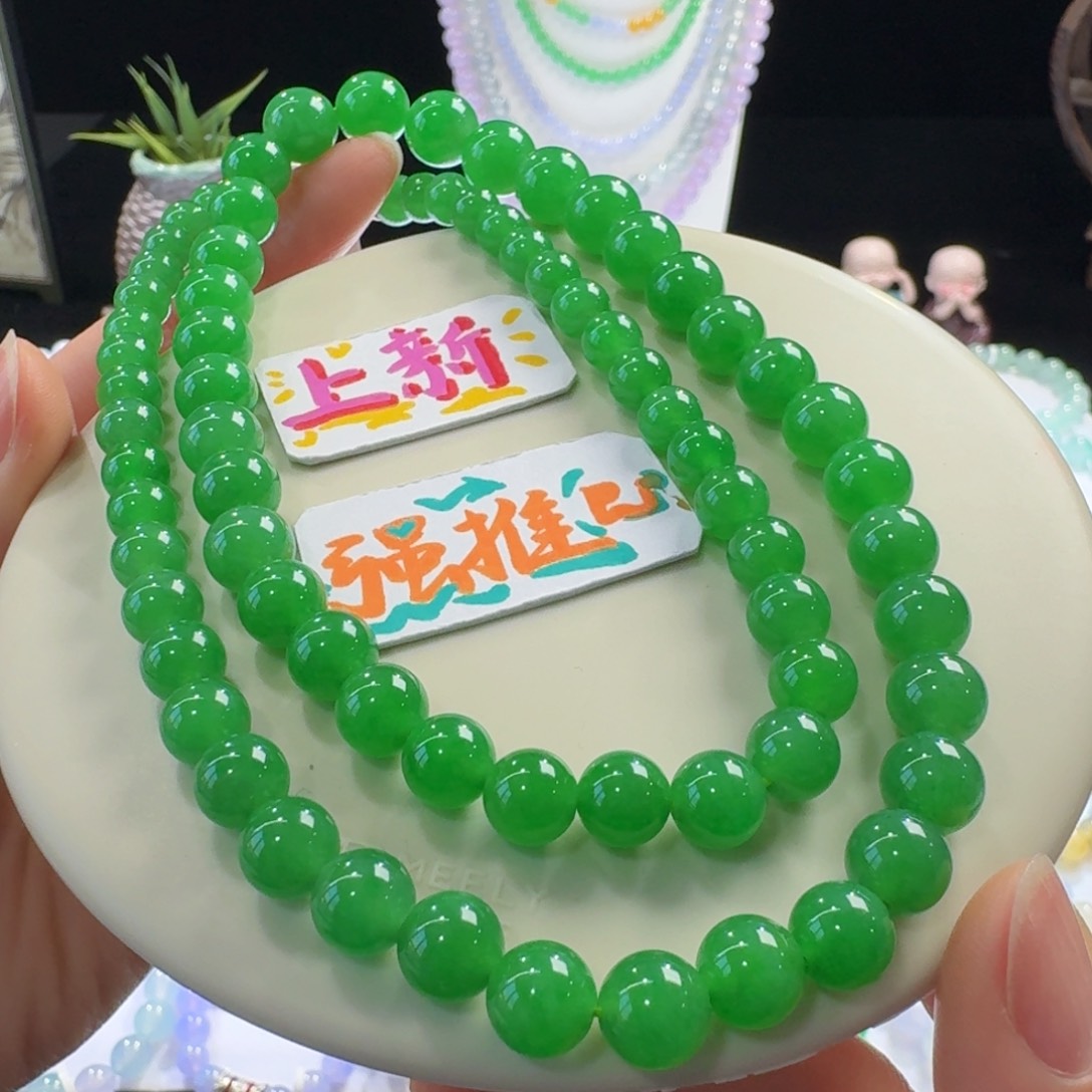 未镶嵌手链翡翠高货巨漏！行家货冰种正阳绿色标长串