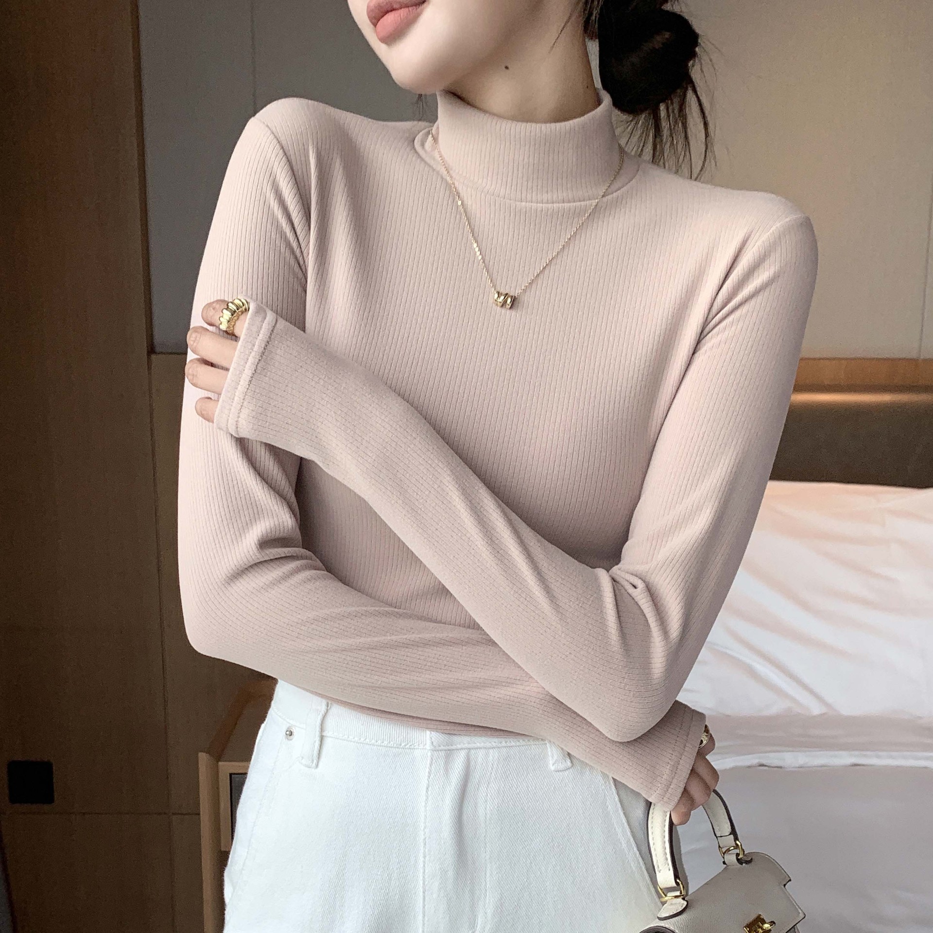 H527条纹半高领打底衫女修身显瘦中领长袖上衣可内搭可外穿针织衫