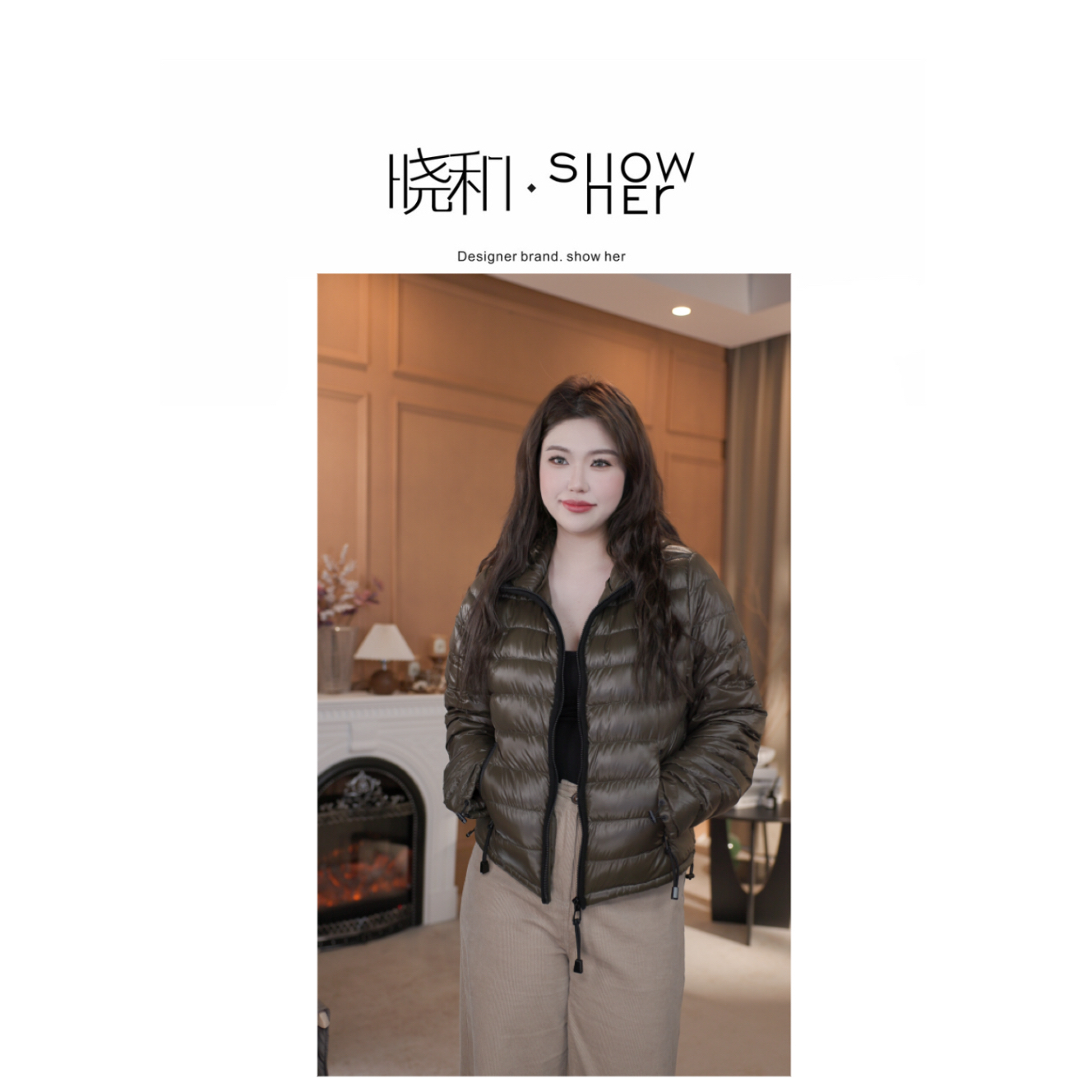 SHOW HER【雾松橄榄】’90白Y绒‘雾面橄榄拉链长袖时尚常规轻薄短款