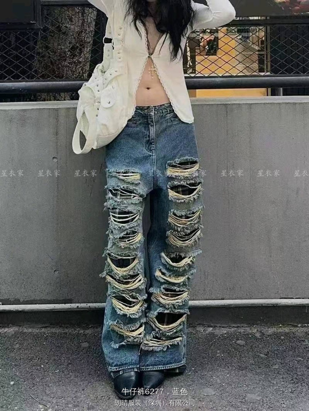 春装新款破洞牛仔拖地裤6277