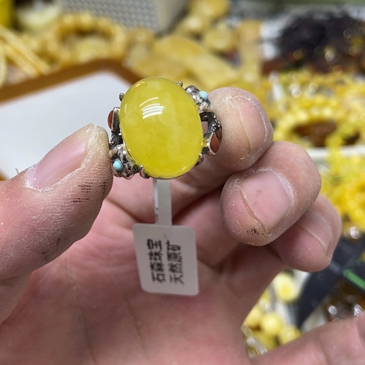 蜜蜡银S925镶嵌裸石戒指