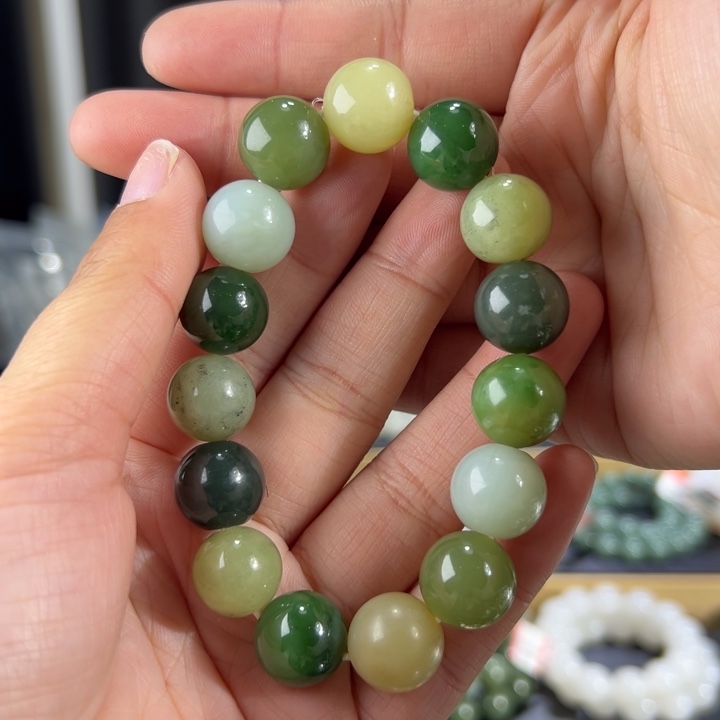 和田玉手串未镶嵌和田玉多宝卡14圆珠微瑕