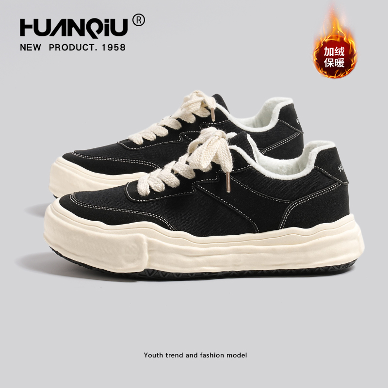 环球厚底加绒板鞋男款秋冬2025新款百搭溶解鞋子男运动休闲帆布鞋