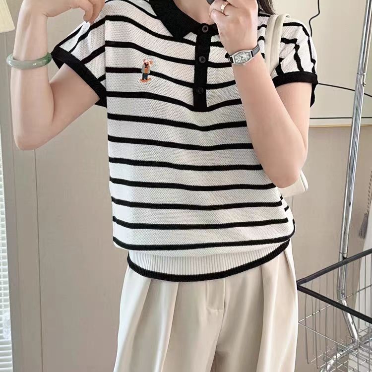 【小熊刺绣】夏季女士薄款条纹针织短袖t恤女2025新款宽松上衣