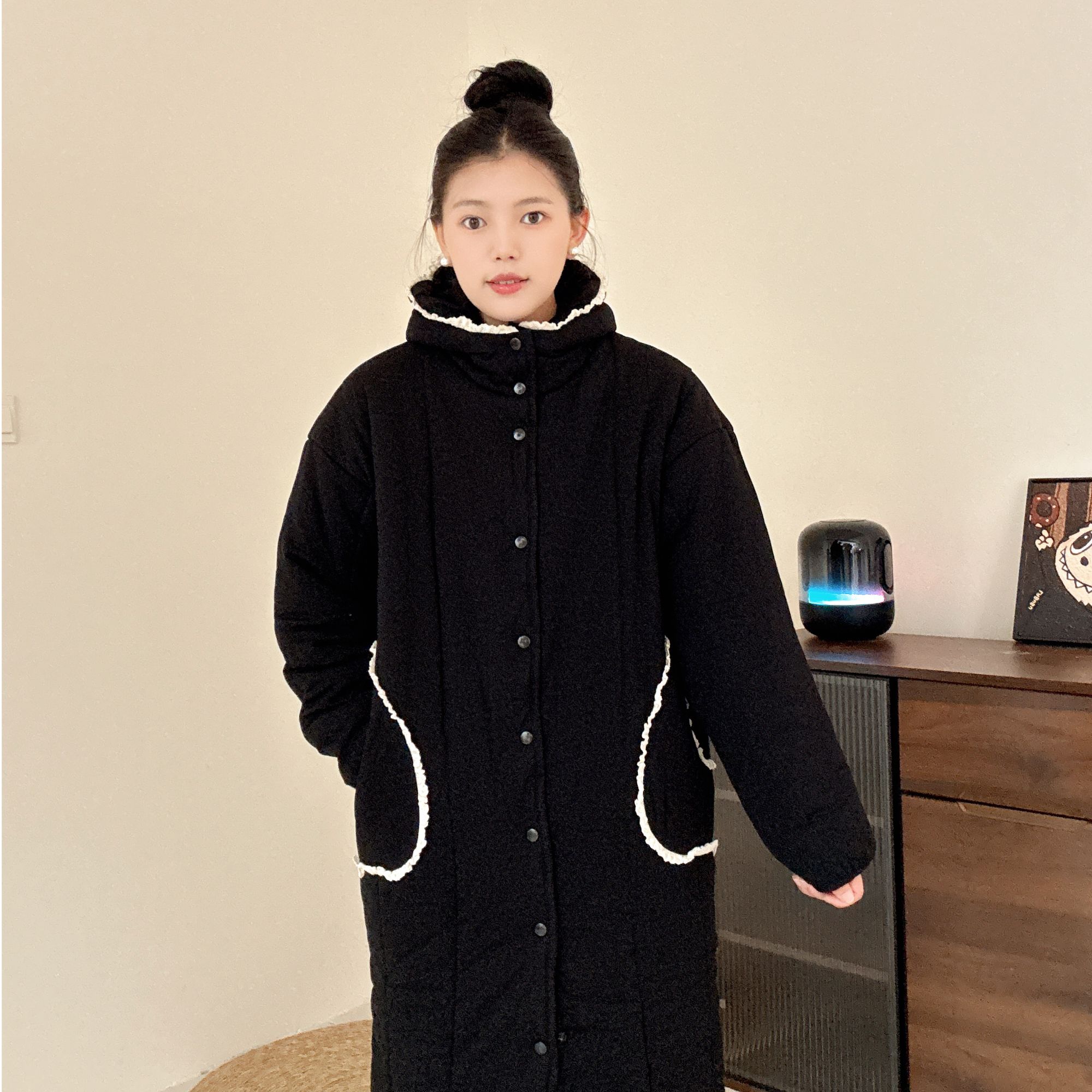 JIUYUE新疆棉【纯黑色】连帽蕾丝直筒大长款家居服棉衣棉服十二
