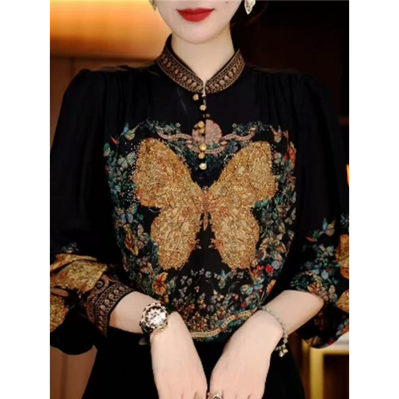 金蝶繁花  新款优雅文艺夏季重工印花休闲上衣衬衫