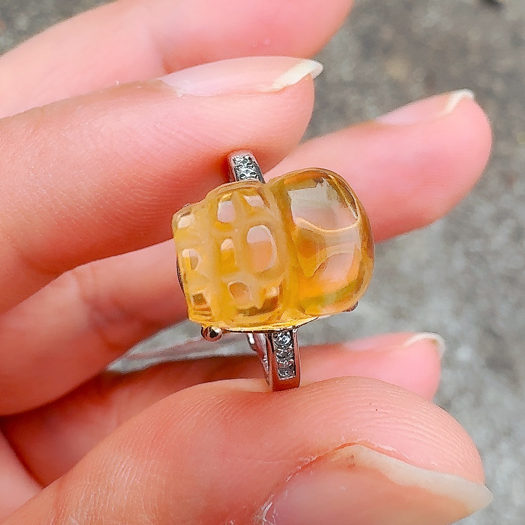 天然S925银全净黄水晶貔貅戒指主石11.5*8.8*9.6