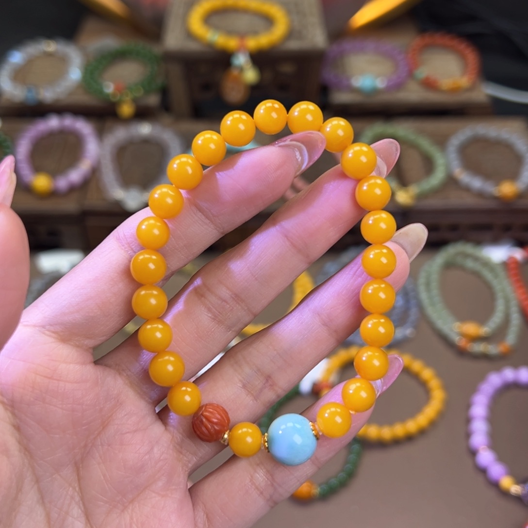 蜜蜡手链银S925镶嵌李****嘛单圈