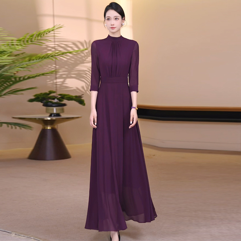 紫色立领长款连衣裙2025年秋季收腰显瘦气质长款大摆连衣裙2517