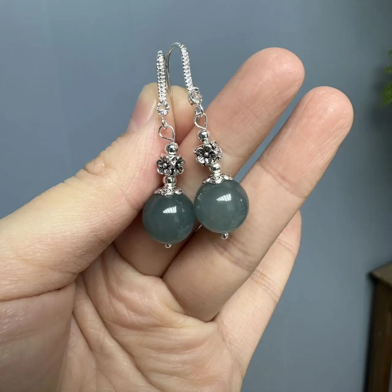 翡翠蓝水s925圆珠耳钩