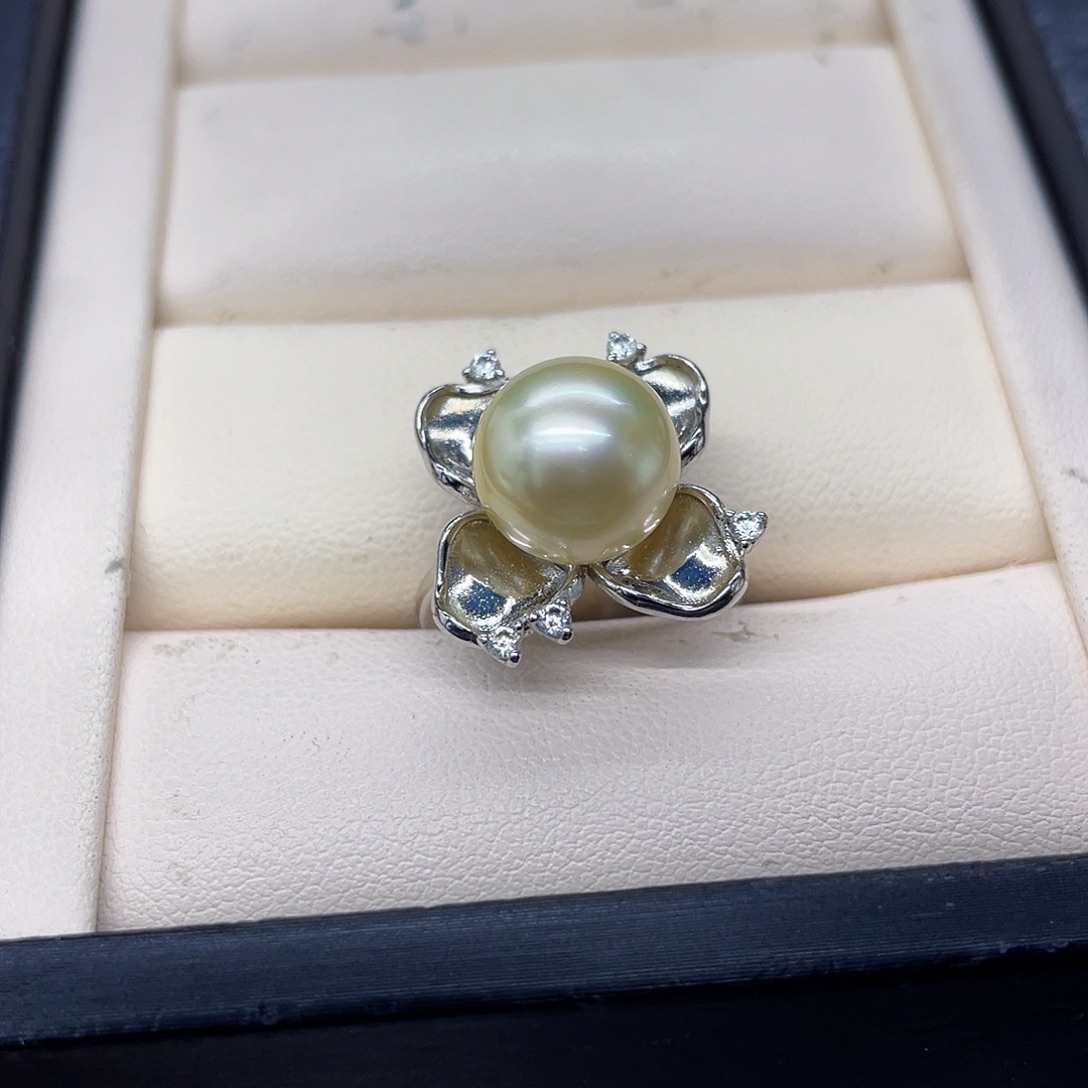 戒指海水珍珠银S925镶嵌干枯玫瑰戒指