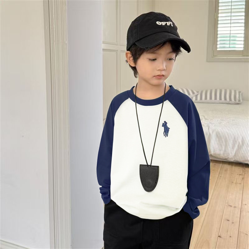 儿童纯棉长袖T恤男童女童打底撞色拼接宝宝洋气中大童欧若风上衣