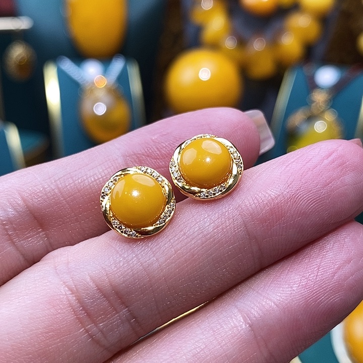 蜜蜡耳饰银S925镀金镶嵌