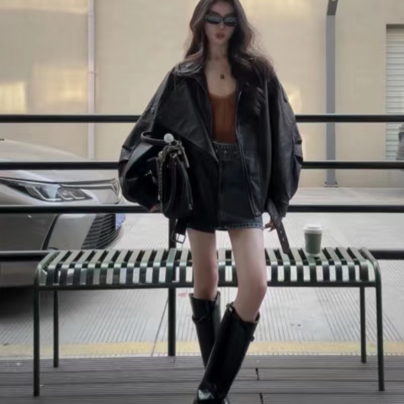 高端肌理感油蜡皮阔版双领机车皮衣女春秋时尚宽松显瘦