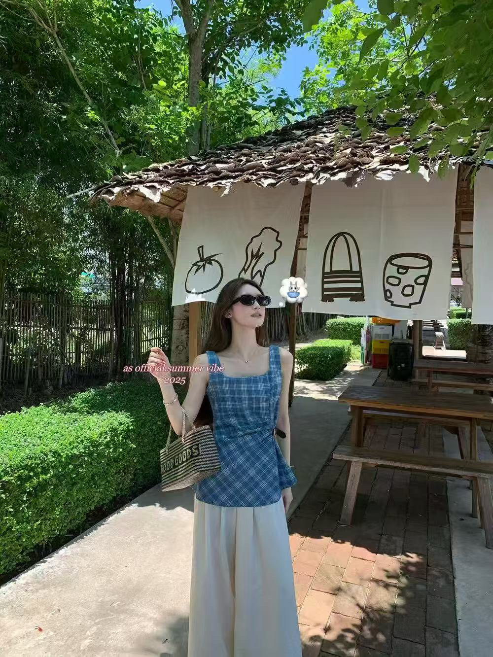 夏季清新通勤风格纹印花修身显瘦背心牛仔格子显瘦侧腰皮带