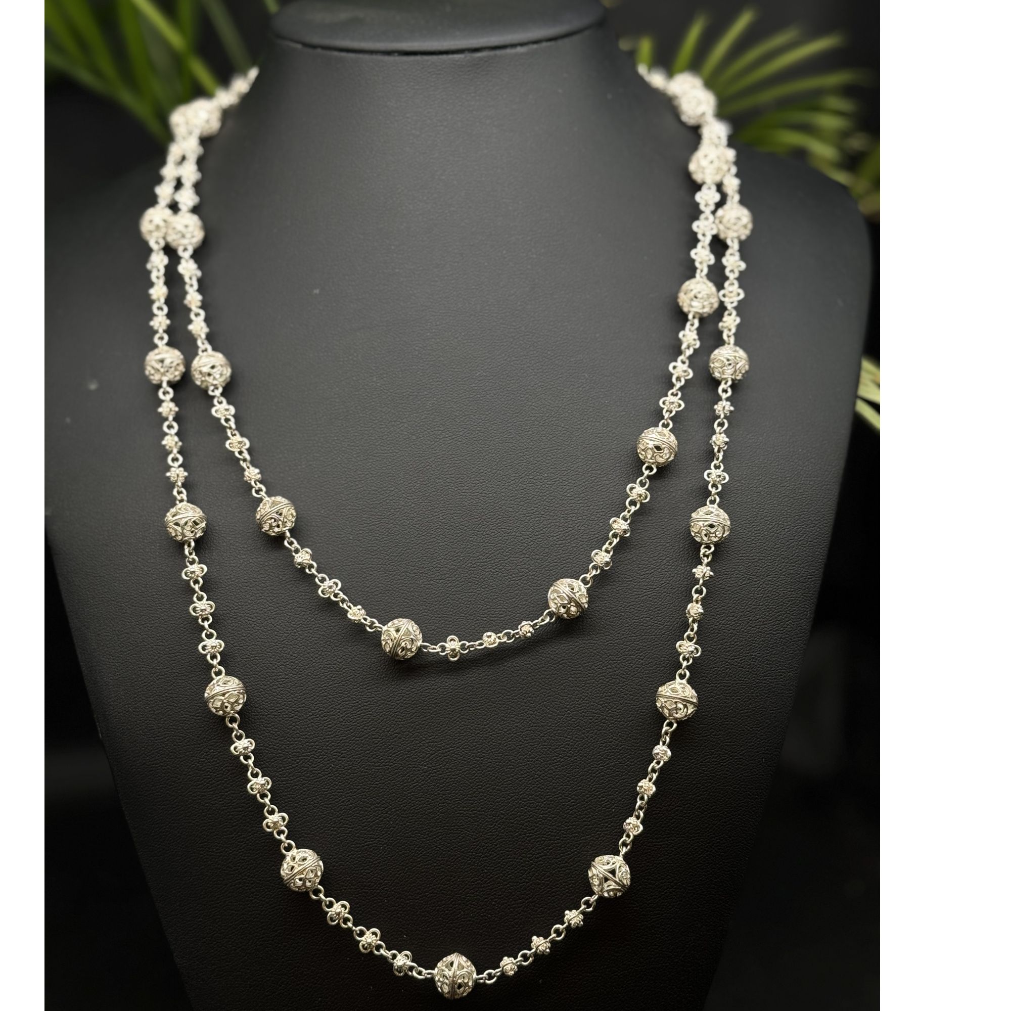 坠链均925银 泰式925银精工亮银镂空球球双层项链