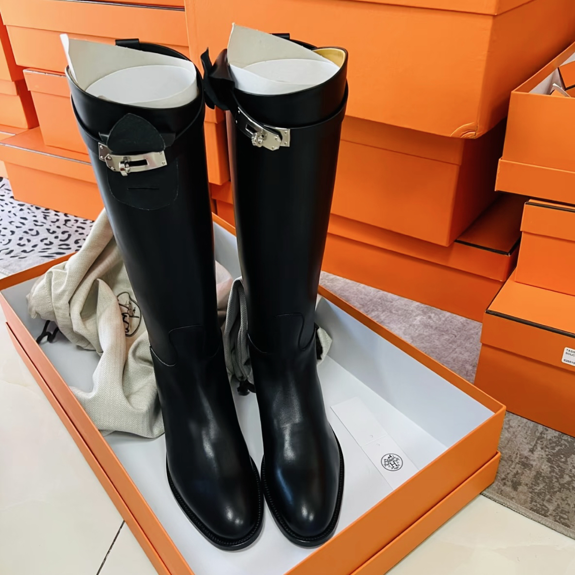 未使用 Hermes/爱马仕 Jumping 黑色 长靴 靴子 全套礼盒