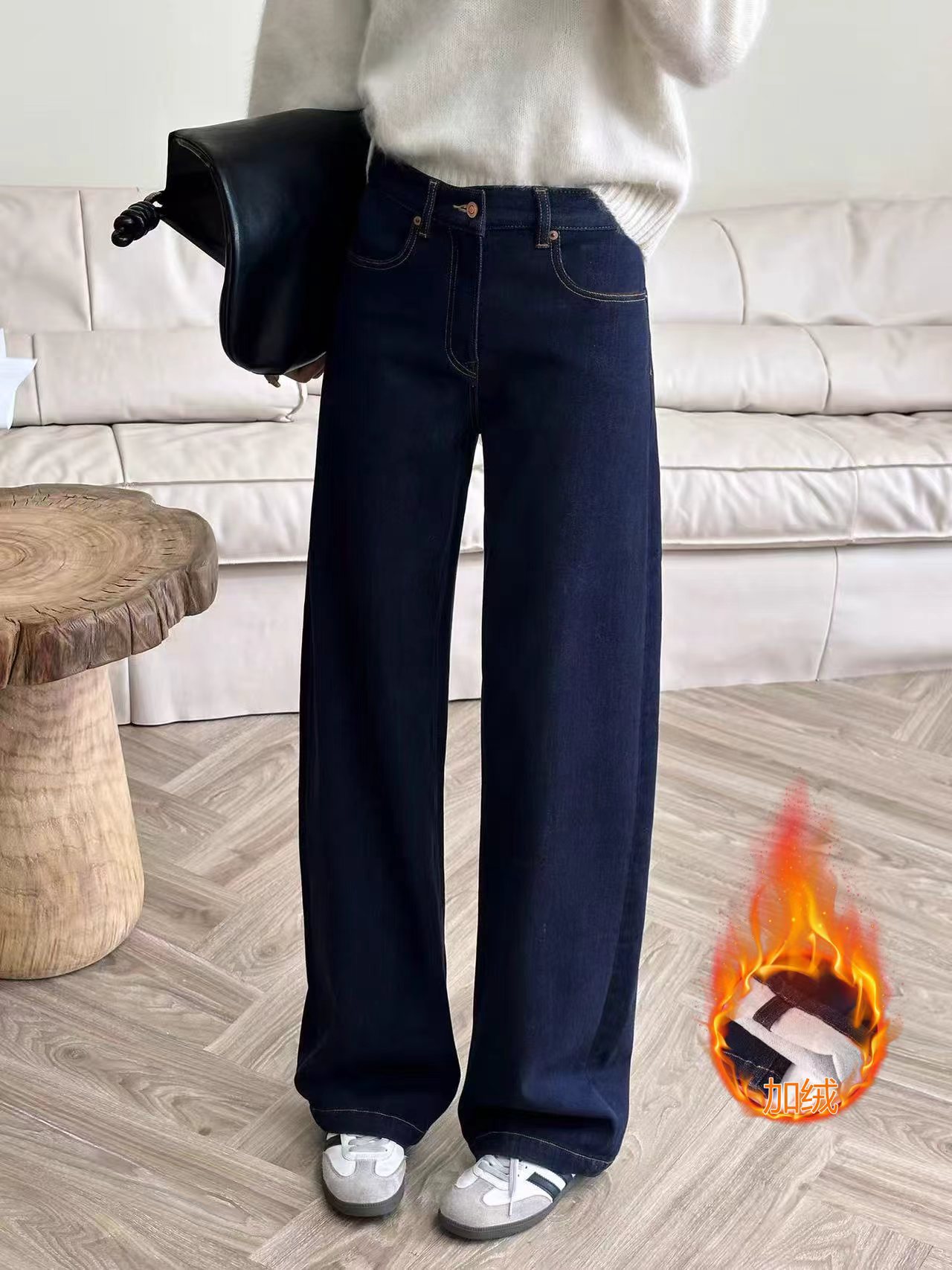 A9588 莉莉 普洗蓝2025年新款弹力小弯刀加绒阔腿牛仔裤