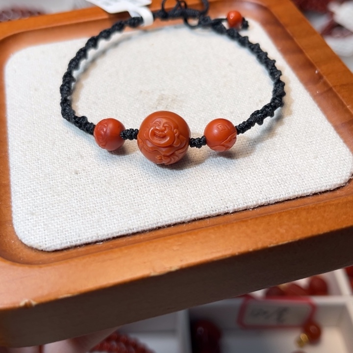 南红玛瑙未镶嵌手链精工雕刻弥勒佛满肉柿子红12.5+mm