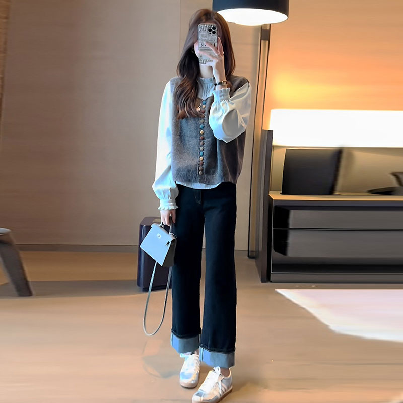 御姐轻熟风套装女装秋季爆款时尚减龄衬衫针织马甲阔腿裤三件套潮