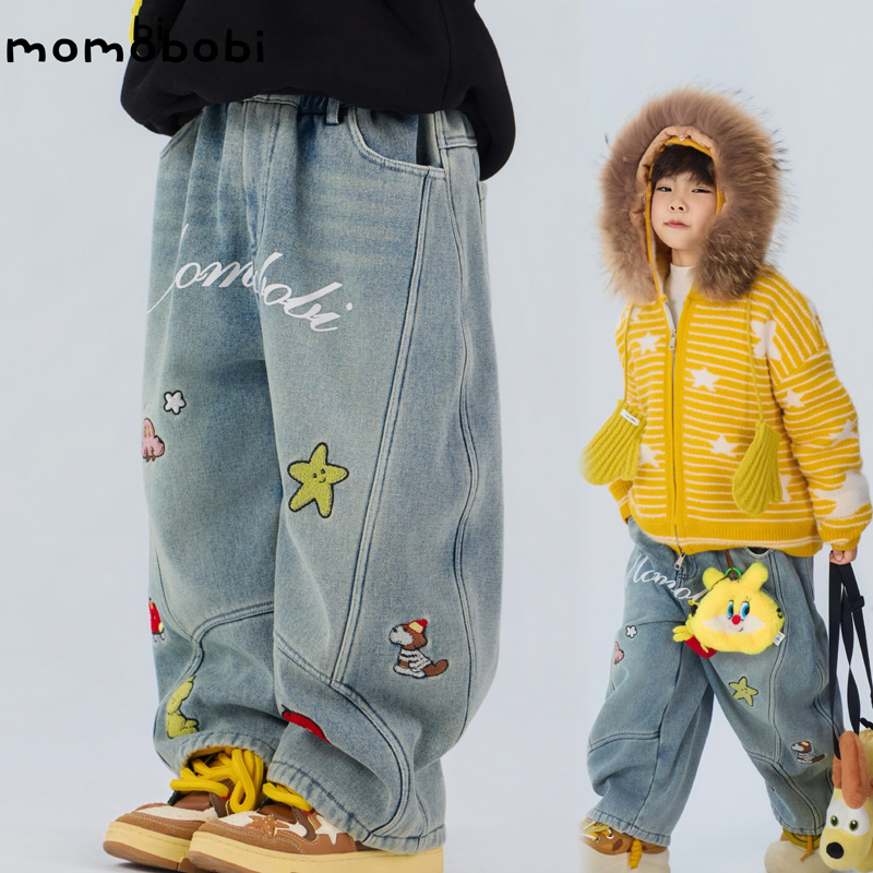 momobobi自制新款中大童牛仔裤韩版个性卡通刺绣造型镰刀加绒长裤