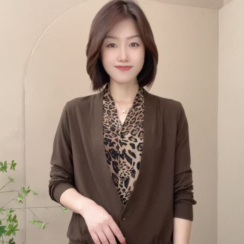 6088假两件款豹纹极简风上衣气质打底衫轻奢高级感女装上衣