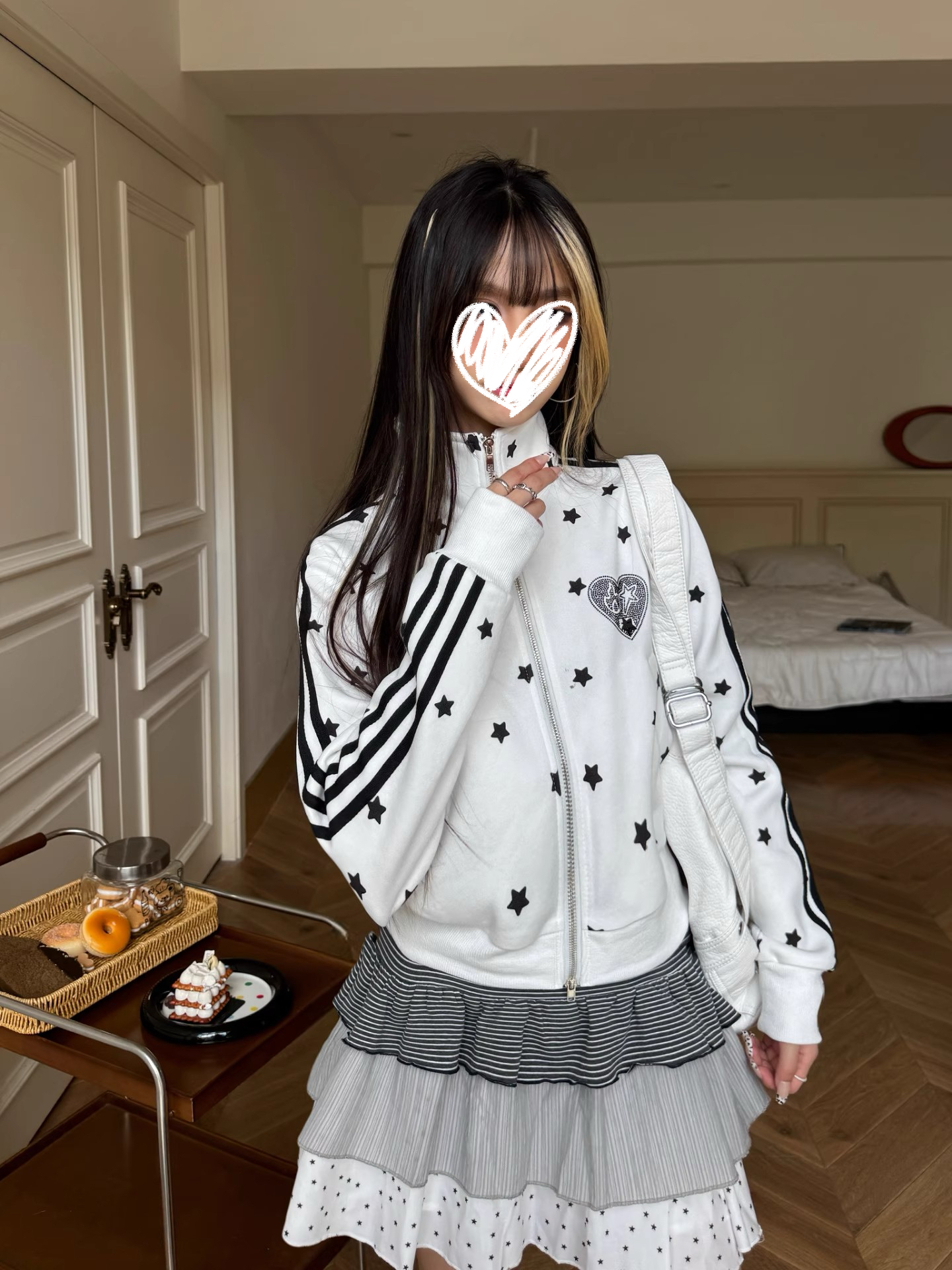 美式复古满印星星烫钻立领卫衣女秋季设计感休闲短款条纹短款外套