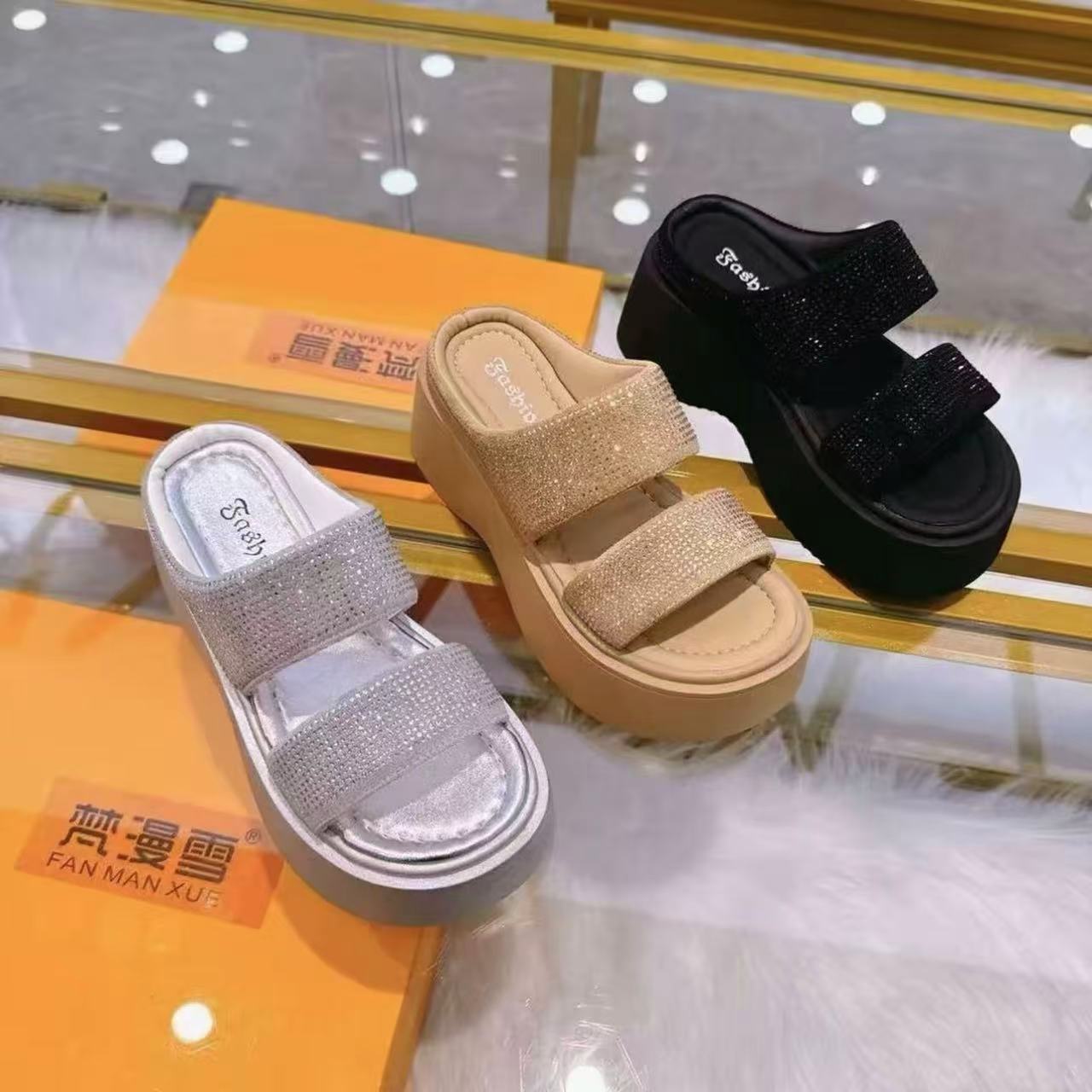 EJ水钻满钻凉拖鞋女外穿2025年新款夏季时尚厚底增高舒适一字