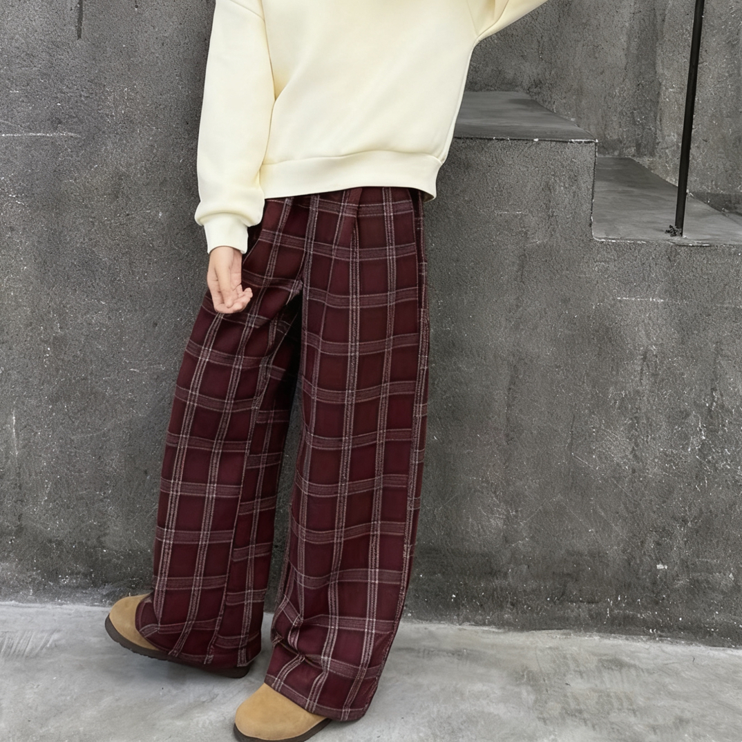 130-170码女童中大童秋冬松紧高腰格纹阔腿裤长裤直筒裤3492百搭