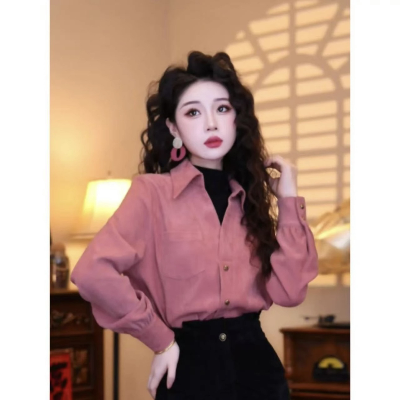 新款港味复古气质设计感假两件长袖女高级感衬衫778