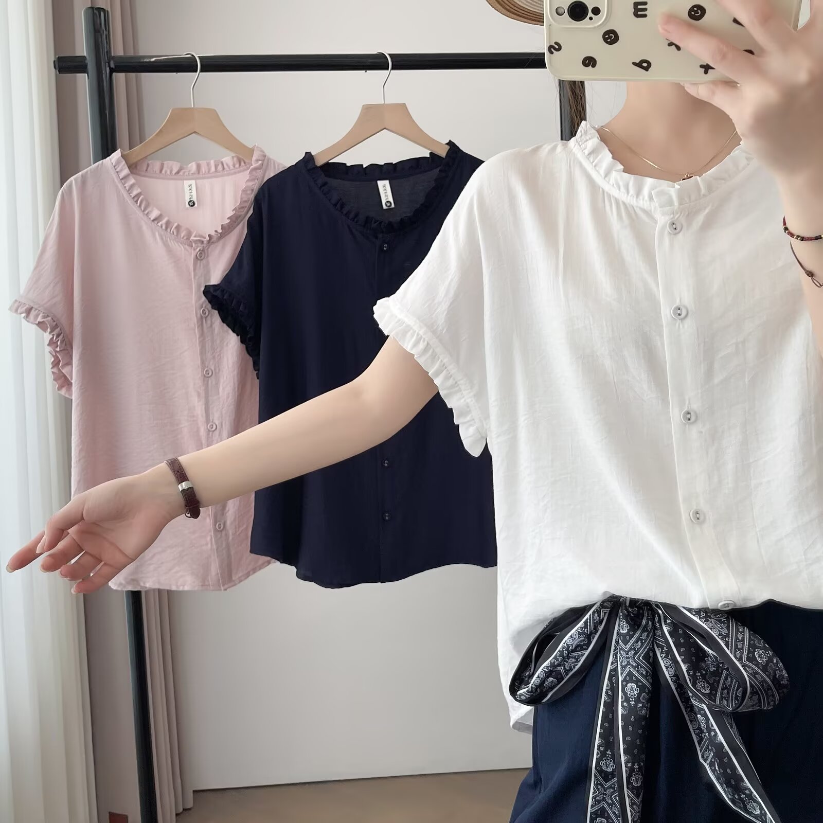 寒苏--110-200斤大码女装夏季新款减龄木耳边薄款纯色衬衫短袖T恤