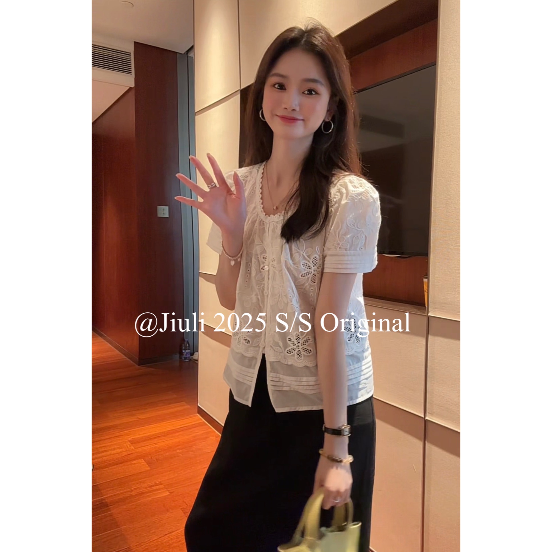 九莉【搁浅】100棉  夏季重工花朵刺绣镂空甜美衬衣