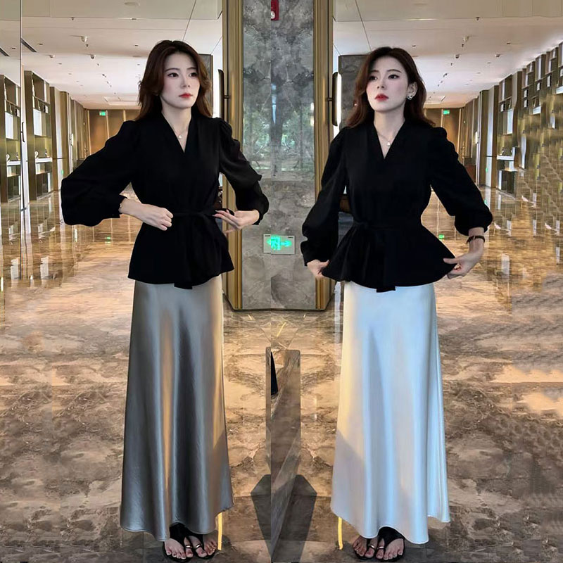 早秋法式优雅气质甜美绑带松紧腰上衣+高腰气质A字半身裙两件套女