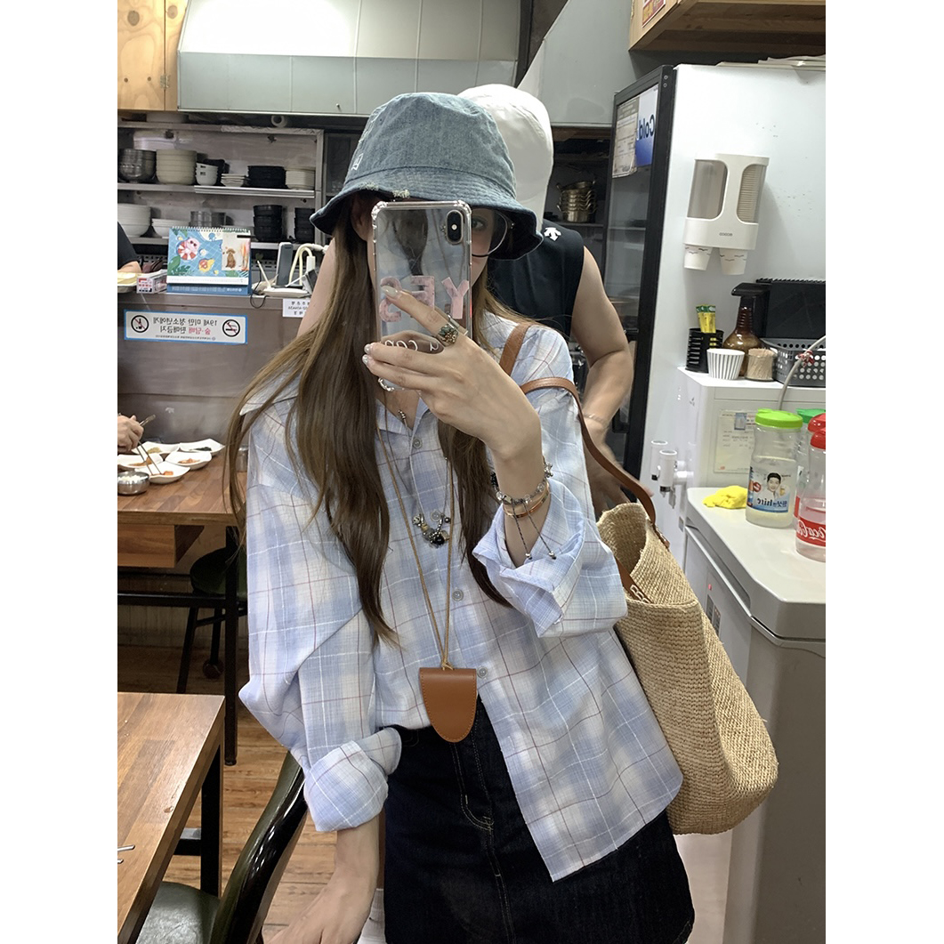 盐系宽松大版衬衫女百搭上衣外套设计感小众格子长袖衬衣复古气质