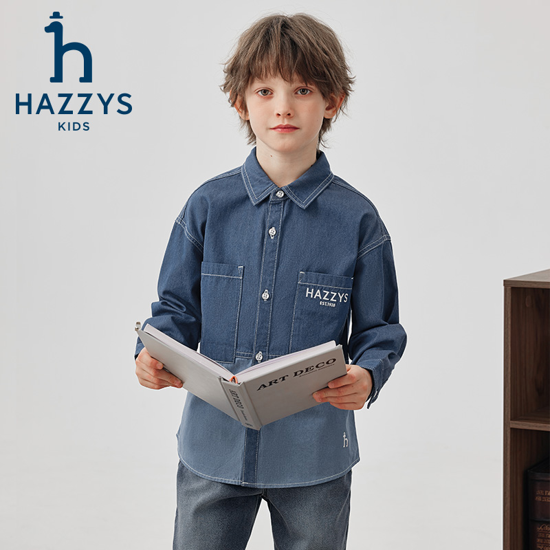 Hazzys/哈吉斯品牌童装男童牛仔衬衫简约舒适时尚长袖衬衫