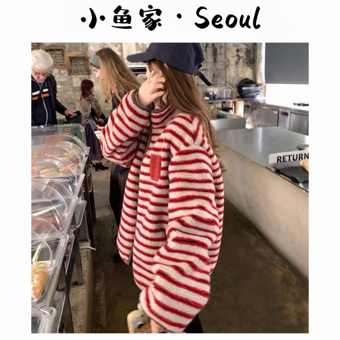 【莓莓榛子】韩风call mn条纹波点冬款加厚羔羔毛外套加绒保暖外套