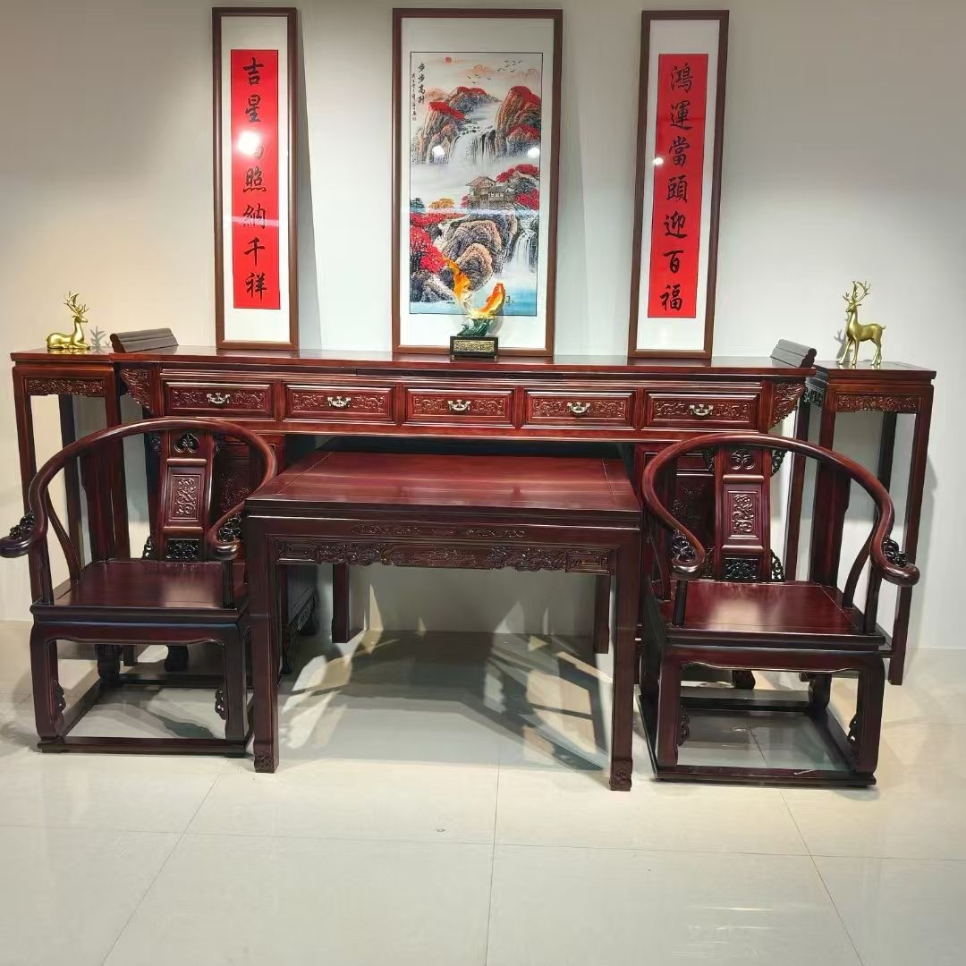 中式橡木神台六件套自建房神台别墅供桌祠堂雕刻条案